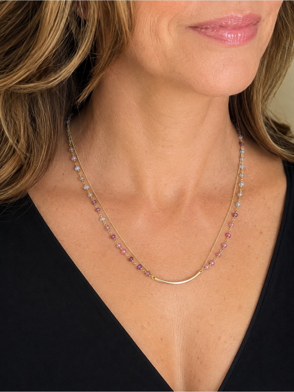 Dual Chain GoldBar Necklace with wire wrapped sapphire chain in gradient colors
